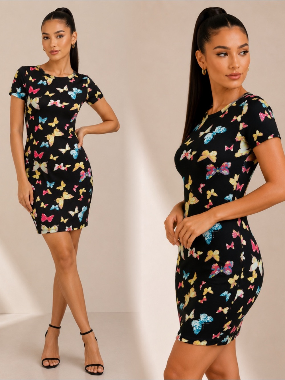 Haute Monde Black Butterfly Print Bodycon Mini Dress